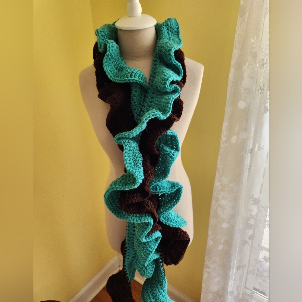 Crochet Jade And Coffee Ruffle Scarf